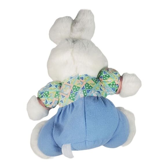 SKM Bunny Rabbit Plush Sitting White Furry Blue Overalls Spring Easter Vintage - Picture 5 of 11